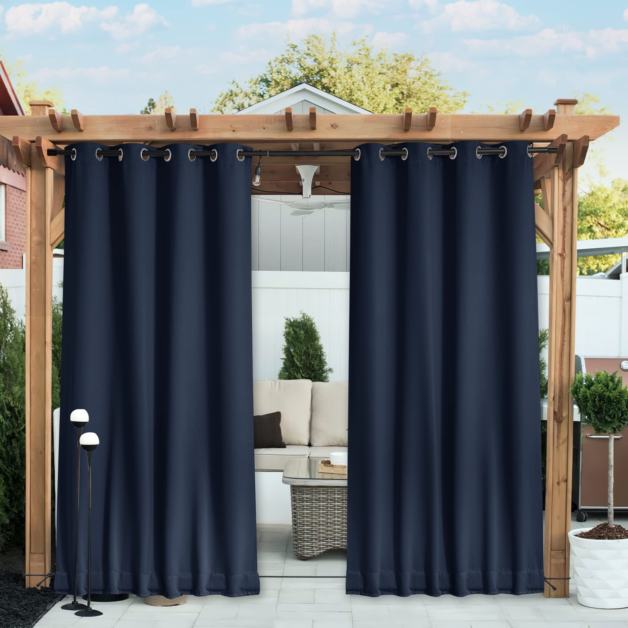 NICETOWN 2 Panels Gazebo Curtains Outdoor Waterproof & Windproof, Top and Bottom Grommet with Back Tab Wind-Break Outdoor Dividers Blackout Blinds with Fixed Rope for Patio, W52 x L95, Navy Blue Image