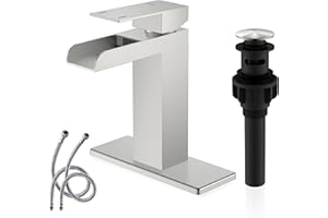 KENES Waterfall Bathroom Sink Faucet, Brushed Nickel Single Handle Bathroom Faucet with Faucet Escutcheons, Pop Up Drain Stopper & Lead-Free Water Supply Hoses LJ-9035