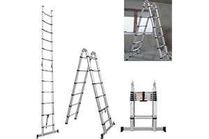 DICN 12.5FT Telescopic Ladder A Frame Aluminum, Telescoping Ladder for Home, Portable Folding Ladder Lightweight 330lb Load Capacity with Stabilizer Bar Anti-Slip (6.2+6.2FT)