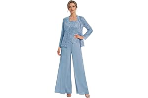 3 Pieces Mother of The Bride Trouser Suits Women Chiffon Pantsuit with Lace Jacket Evening Jumpsuits for Wedding