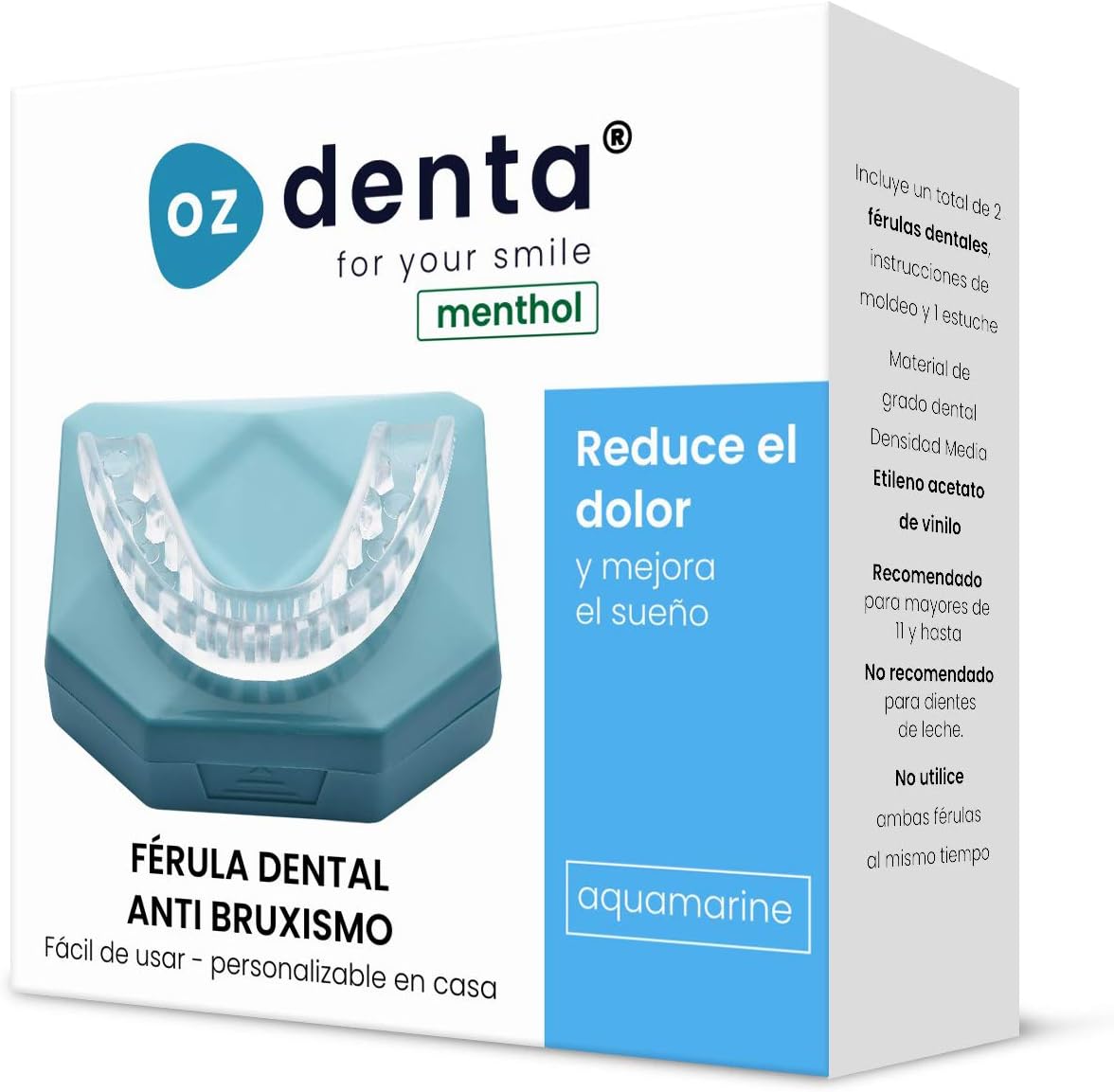 2 x Menthol Férula dental de descarga nocturna, anti bruxismo (rechinar los dientes), trastornos del ATM