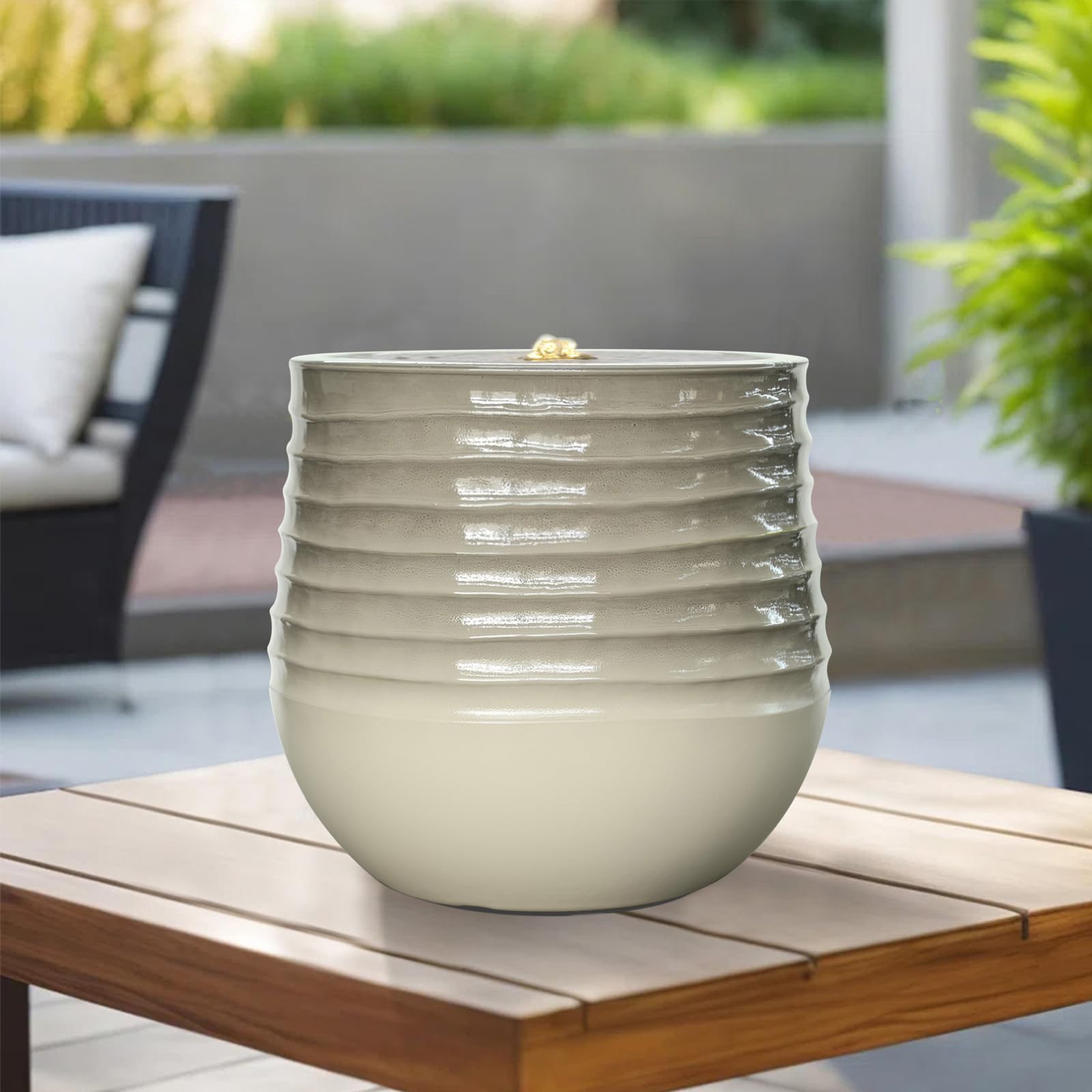 Photo 1 of 10.8" H Water Fountain Outdoor with LED Light, Modern Bubbling Garden Water Fountains with Gradient Color, Resin Outdoor Waterfall Fountains with Ceramic Like Glaze for Yard, Patio, and Porch