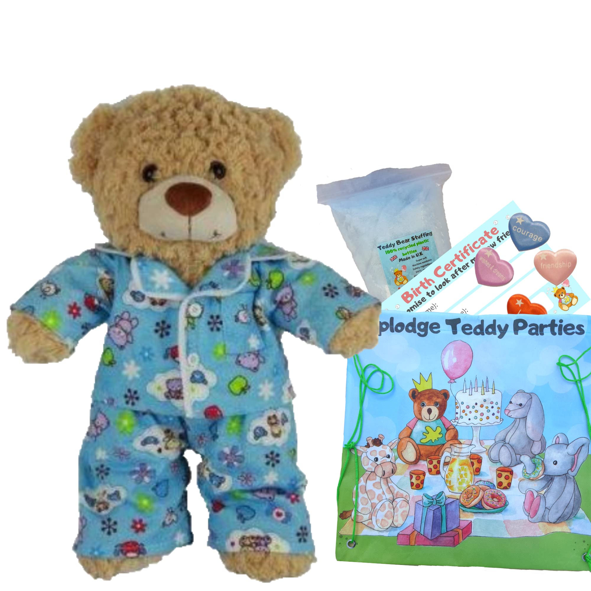 Toffee the Brown Teddy Bear with Blue Pyjamas - Build make your own teddy bear kit - 16"/40cm - no sew - Plush soft toy gift for boys and girls
