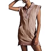 Qiaomai Womens Half Zip Sweatshirt Dresses Summer V Neck Sleeveless Pullover Tunic Tops Mini Dress
