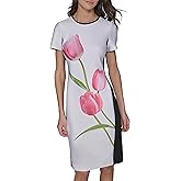 Karl Lagerfeld Womens Printed Short Sleeve Contrasting Sheath Dress