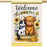 Starlit Patio Welcome Highland Cow House Flag Farmhouse Floral Cat Yard Decor Banner Outdoor Seasonal Double Sided 28x40 Inch Farmhouse Animal Garden Flag for Spring Summer Lawn Porch Home Decoration