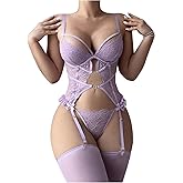OYOANGLE Women's 3 Pieces Lace Patchwork Lingerie Sets Sexy Bra Panty Garter Belt Stockings
