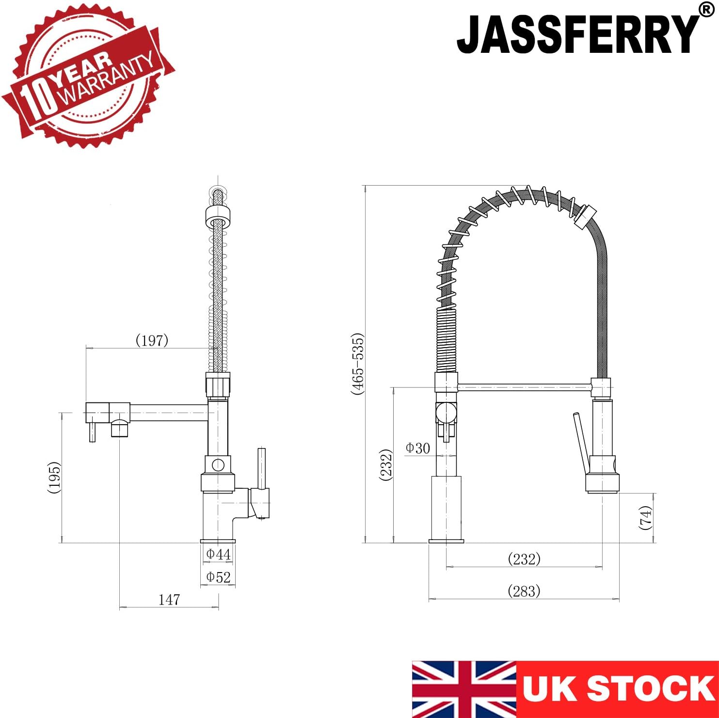 JASSFERRY Flexible Spring Pulldown Spout Kitchen Sink Mixer Tap Single Lever with High Arc Pull Out Spray Monobloc Swing Arm Chrome (Two Spout) - Image 3