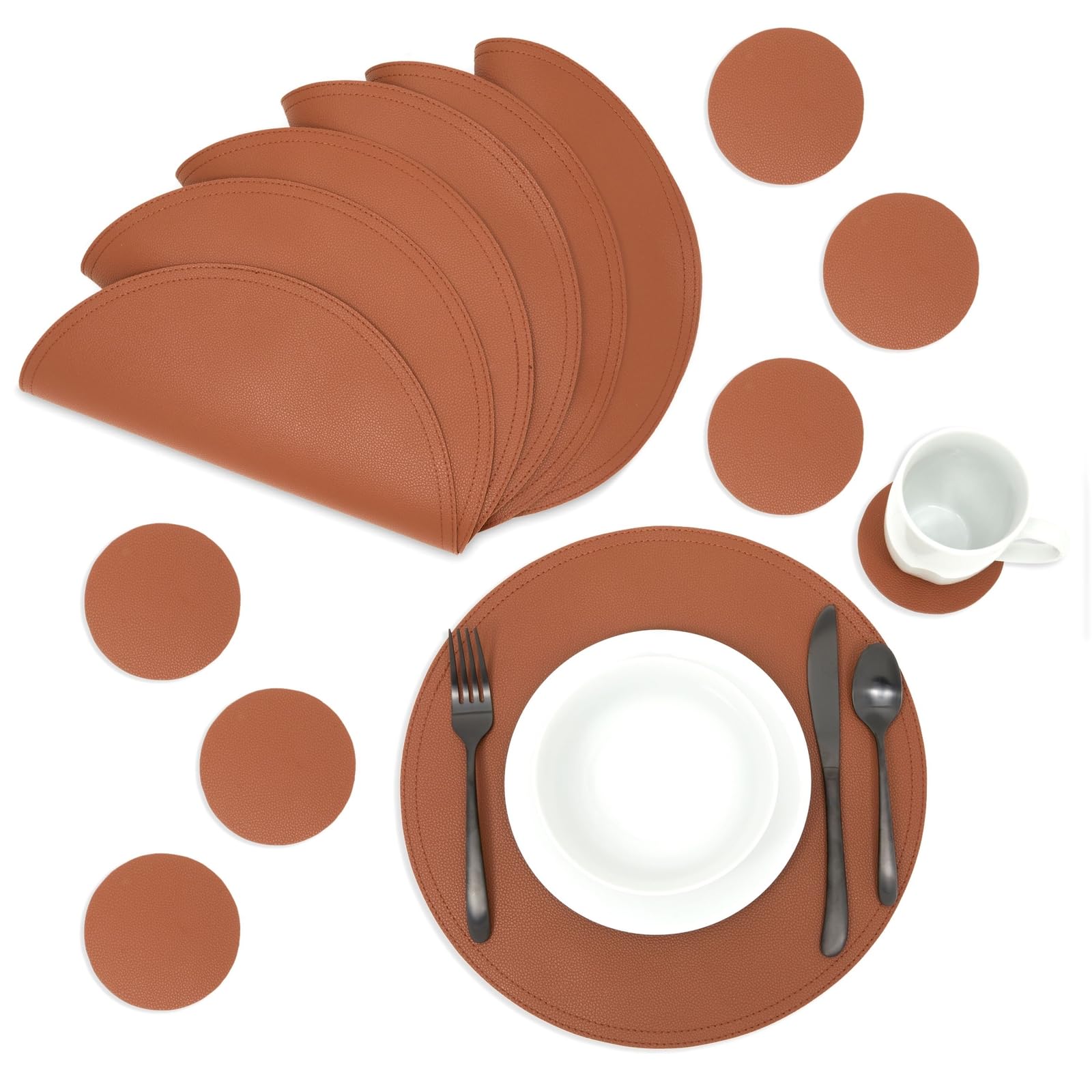 Photo 1 of Juvale Round Brown Leather Placemats & PU Leather Coasters Set of 6-13.4-Inch Cognac Brown PU-Coated - Easy Wipe-Clean Table Protection - Matching Drink Coasters