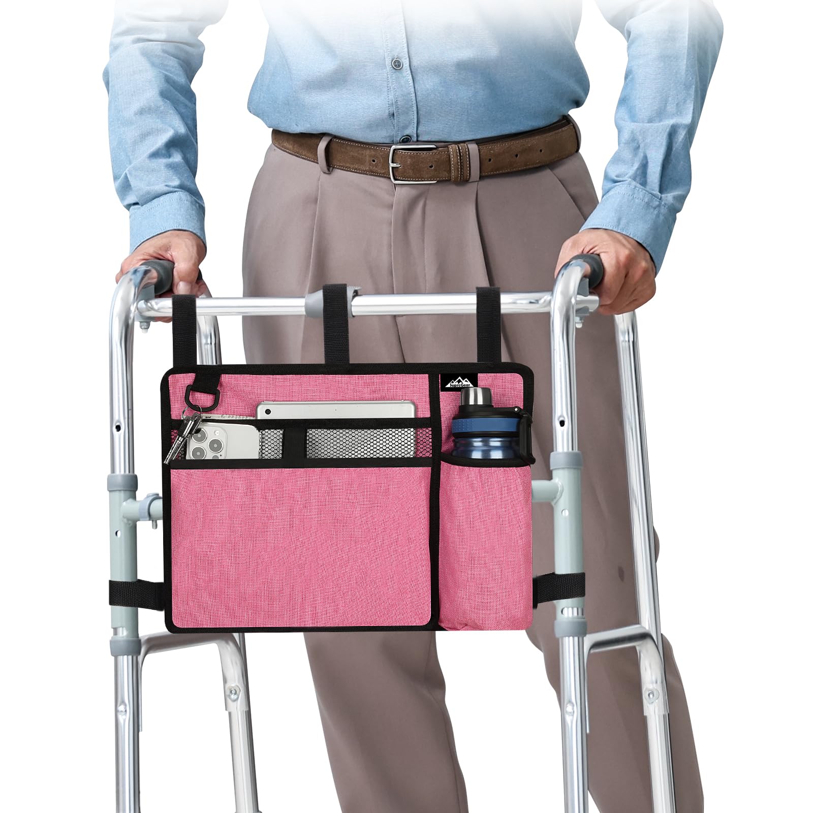 supregear Accessories Bag for Walker, Wheelchair, Rollator for Seniors, w/Cup Holder-Folding Walker Basket Large Capacity Waterproof Walker Caddy Pouch, Pink — image 1