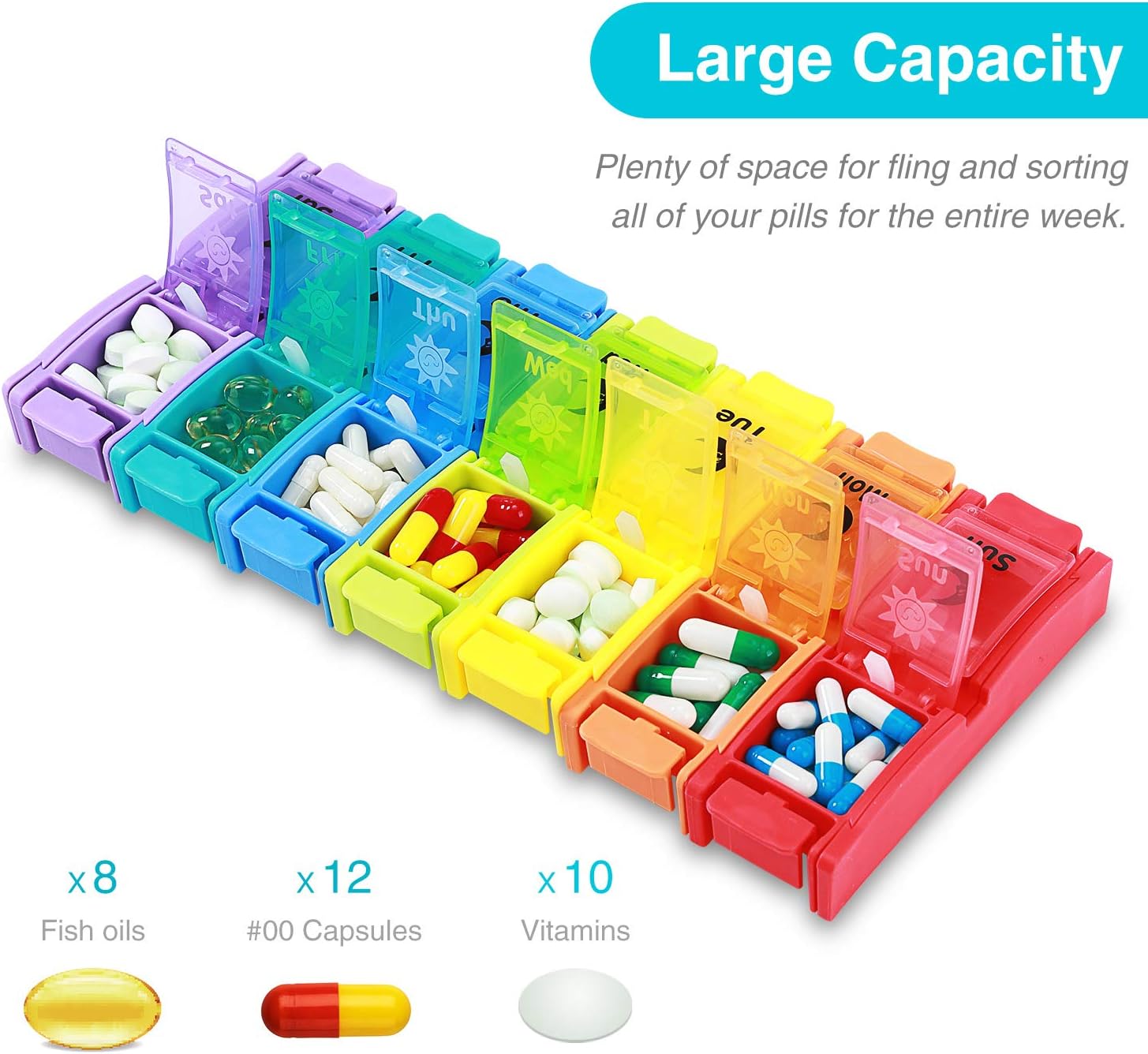 Weekly Pill Box Case 7 Day,Daily Pill Organizer 2 Times A Day,Portable Travel Pill Container Dispenser Holders with Large Removable Compartments to Hold Vitamins,Fish Oil,Supplements and Medication: Health & Personal Care
