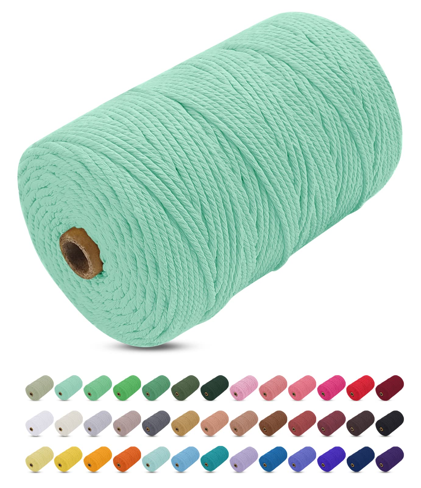 Uiopa Macrame Cord 3mm x 200m, Thick Macrame Rope Yarn Soft Natural Cotton Cord, Coloured 4-Ply Macrame String for DIY Craft, Plant Hangers, Wall Hanging, Christmas Decorations (Mint green)
