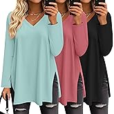 Huukeay 3 Pack Womens Oversized Long Sleeve T Shirts V Neck Knit Casual Workout Tunic Tops Side Split Loose Basic Tees