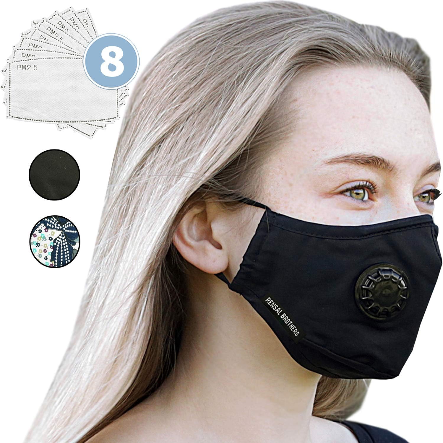 Anti Pollution Dust Mask + 8 FILTERS - Face Mask for Dust, Mouth Mask N95 N99 Carbon Activated Air Dust Smoke Filter. Cotton Washable - Reusable Respirator Breathing Mask by Rensal Brothers (Black)