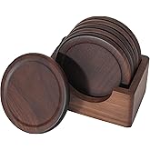 Mu&Ti Classic Walnut Dark Coaster Set of 6 Pieces. Including The Holder Pure Natural Wood and Texture. Wonderful Decor for Dining Tables and Office Tables