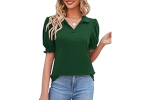 Micoson Womens Short Sleeve Polo T Shirts V Neck Casual Collared Tops Puff Sleeve Work Tunic Blouses