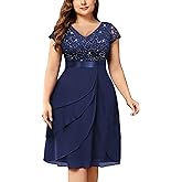 Miusol Women's Plus Size Sequin Lace V Neck Ruffle Tiered Chiffon Cocktail Party Dress