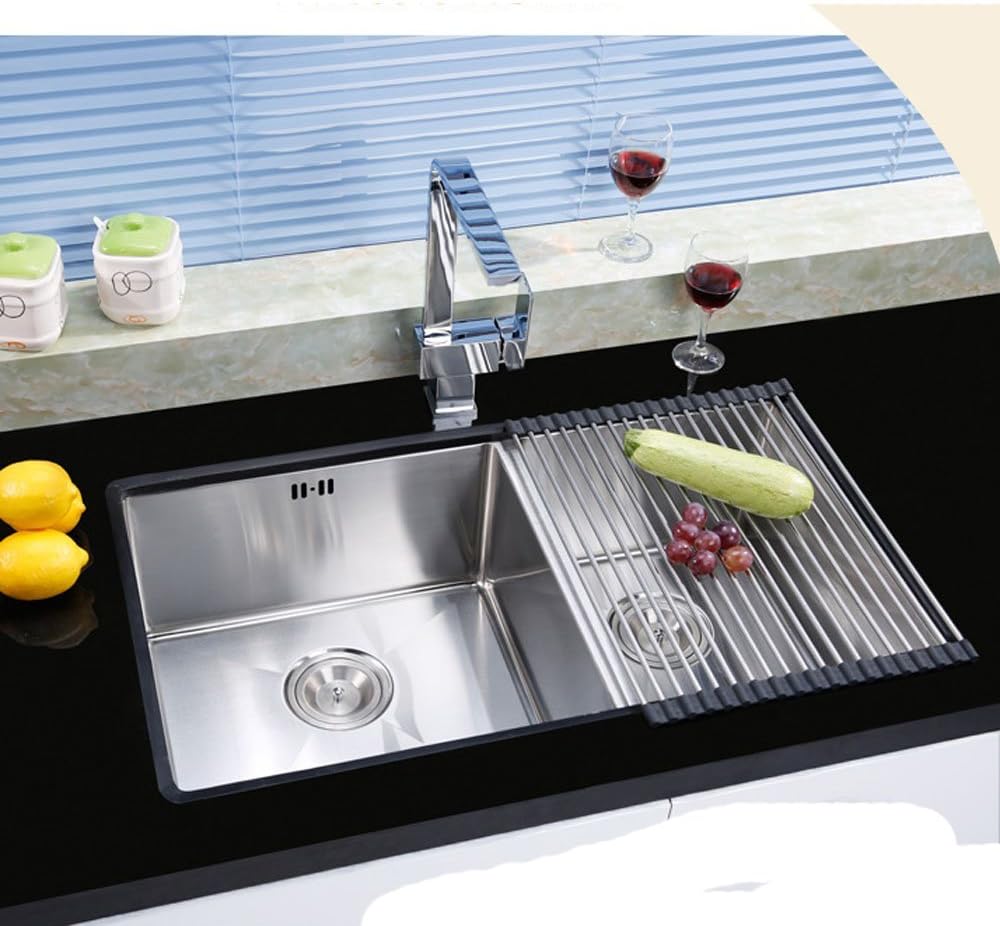 Large Dish Drainer Rack,Stainless Steel Over the Sink Kitchen Countertop Folding Roll Up Dish Drying Rack