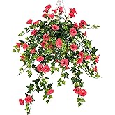 Artificial Flowers Faux Outdoor Plants Artificial Petunias For Outdoors Uv Resistant Fake Petunias Plants Hanging Flower Patio Decor Outside Basket Realistic Silk Plant No Pot(Rose Red 2pcs)