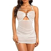 RSLOVE Women’s Lingerie Mesh Babydoll Dress - Pleated Chemise Nightgown with Adjustable Halter Neck & Chain Detail