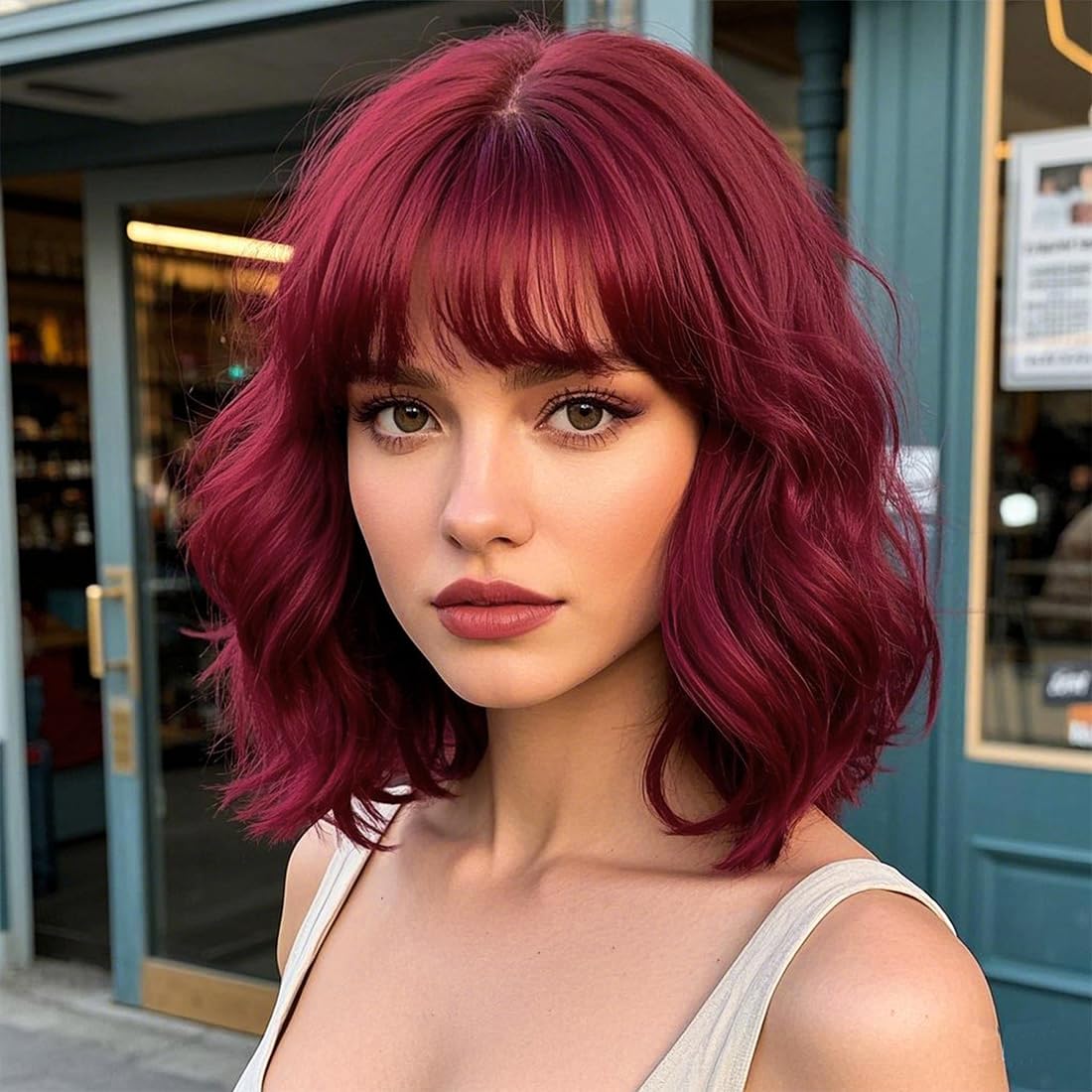 PORSMEER Short Wavy Curly Bob Red Wig with Fringe Natural Looking Synthetic Hair Wigs for Women Cosplay Party Or Daily Wear — image 1