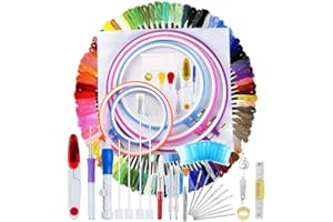 140 Pieces Cross Stitching Punch Needle Kit, Full Range of Embroidery Starter Kit Including Magic Pen, 5 Hoops, 2 Cross Stitc