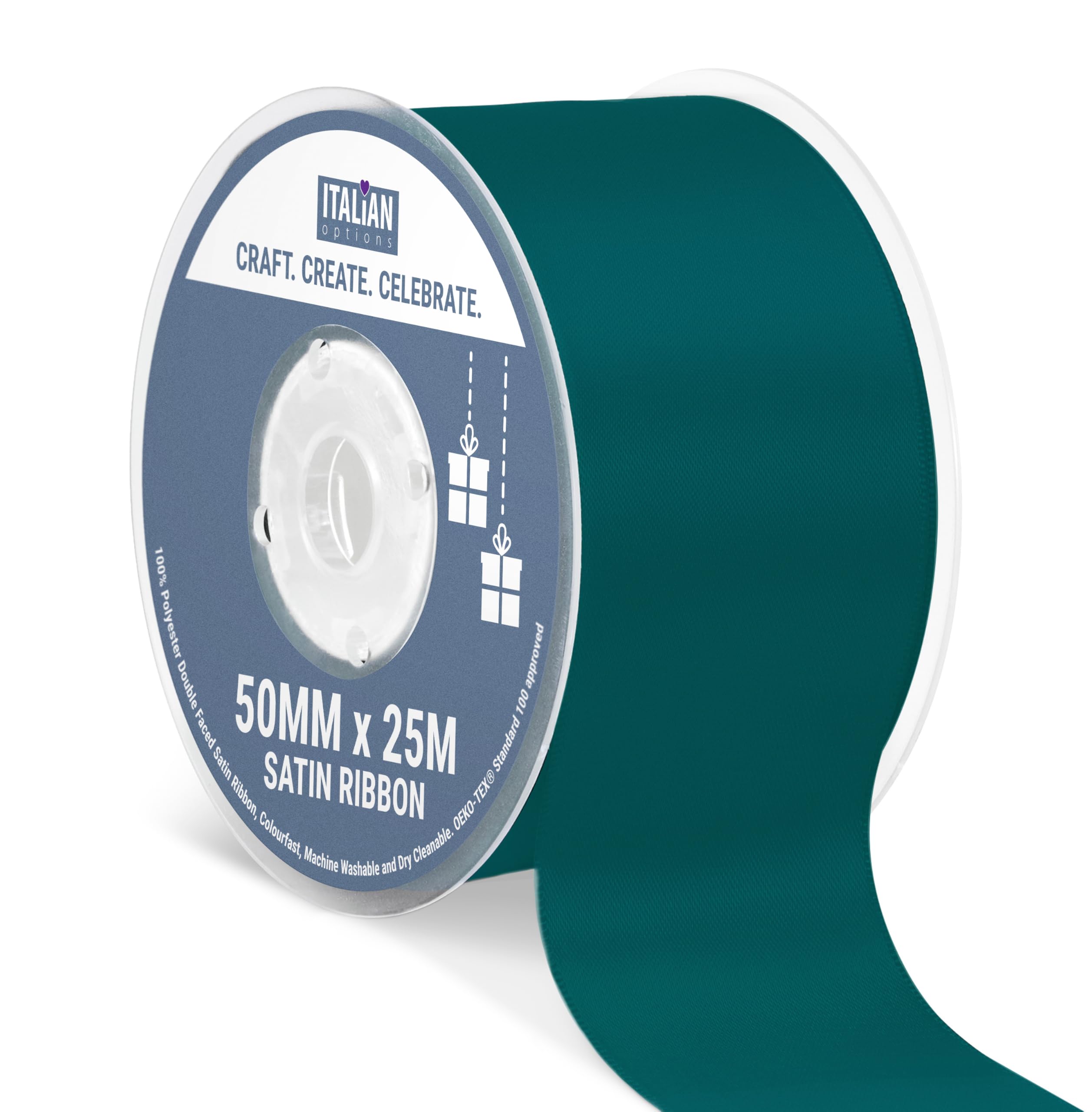 Italian Options Satin Ribbon, Fabric Ribbons for Gift Wrapping, Crafting, Balloons, Wedding Car, Presents, Cake, Christmas, Birthday, Gift Wrap Accessories, 50mm Wide x 25 Metre Roll, Teal