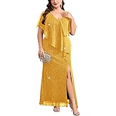 TIARALY Plus Size Formal Maxi Dress Sparkly Asymmetric Cape V-Neck Mermaid Side Split Cocktail Wedding Guest Evening