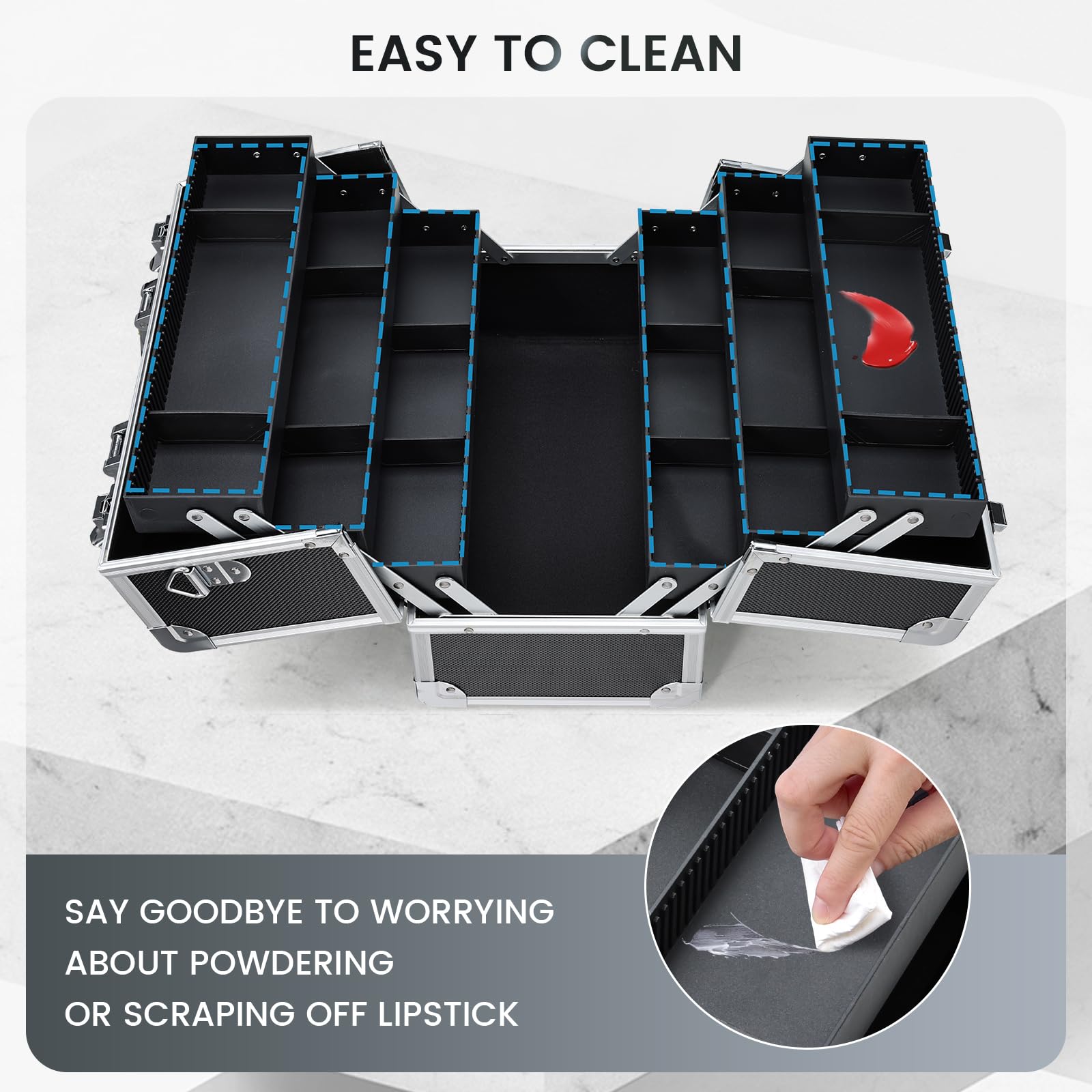 FRENESSA Makeup Train Case Makeup Case 12.6 Inch Large Cosmetic Box Organizer Travel Storage Professional Make Up Train Carrying Case with 6 Trays Locking Shoulder Strap Hard Vanity Storage Black