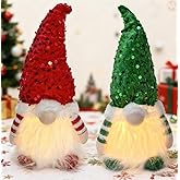 Gnomes Decorations Lighted Up 12" Cute Xmas Red Green Hats Santa Gnomes Plush Couple for Indoor Christmas Decor, Valentines Day Gnome Gifts for Women