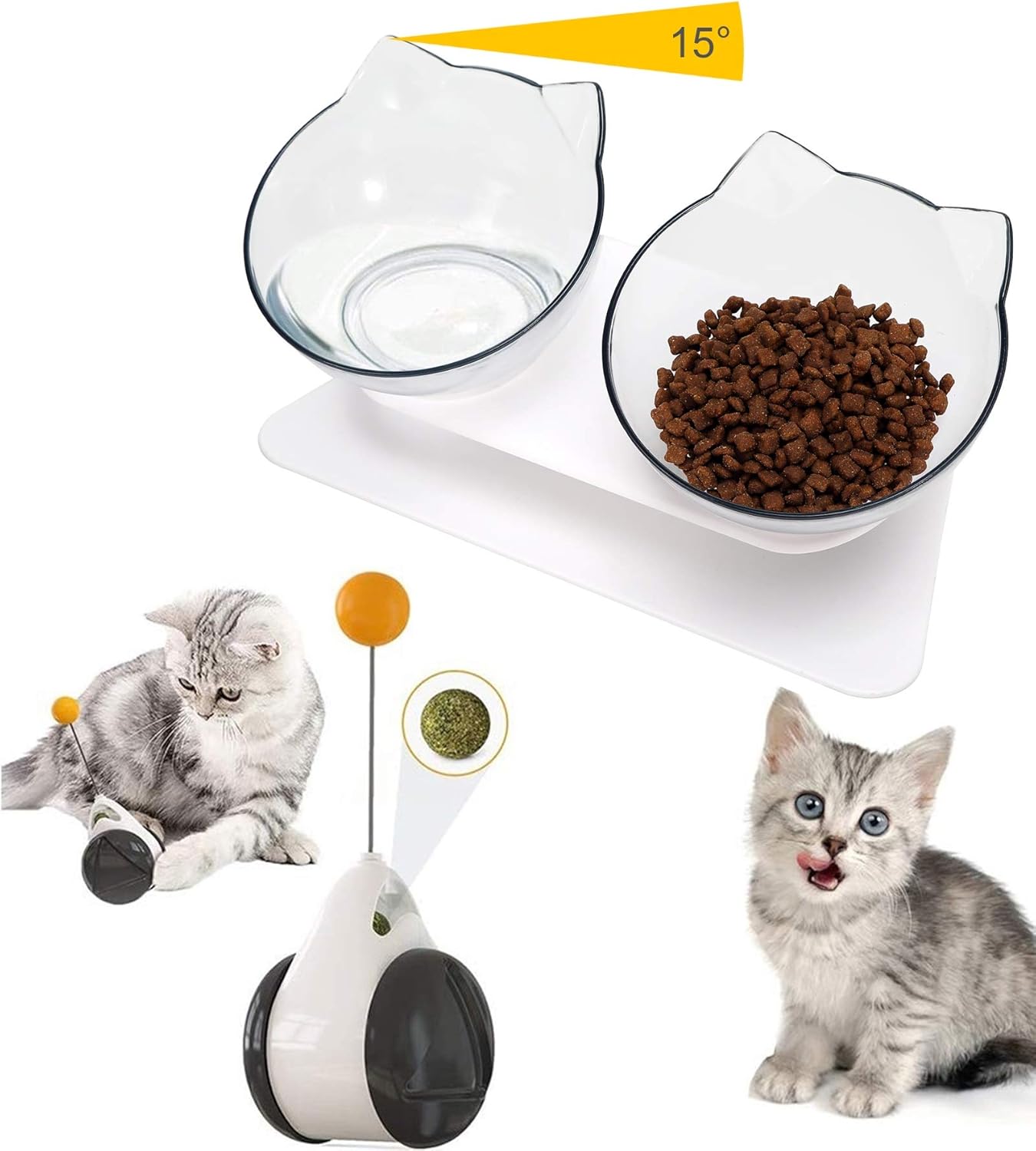 cat toys in water bowl