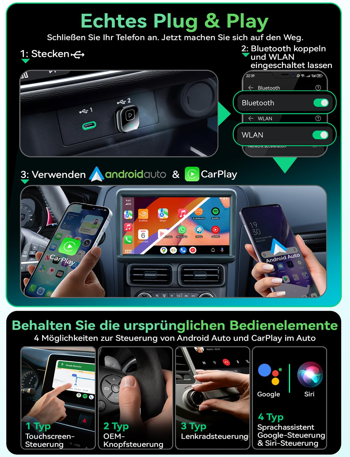 Wireless Carplay & Android Auto Adapter, Mavlou Metalldesign Mini & Stabiler 2-in-1-Dongle, Convert Wired CarPlay/Android Auto zu Wireless, für iOS 10+/Android 11+ & Autos ab 2016 6