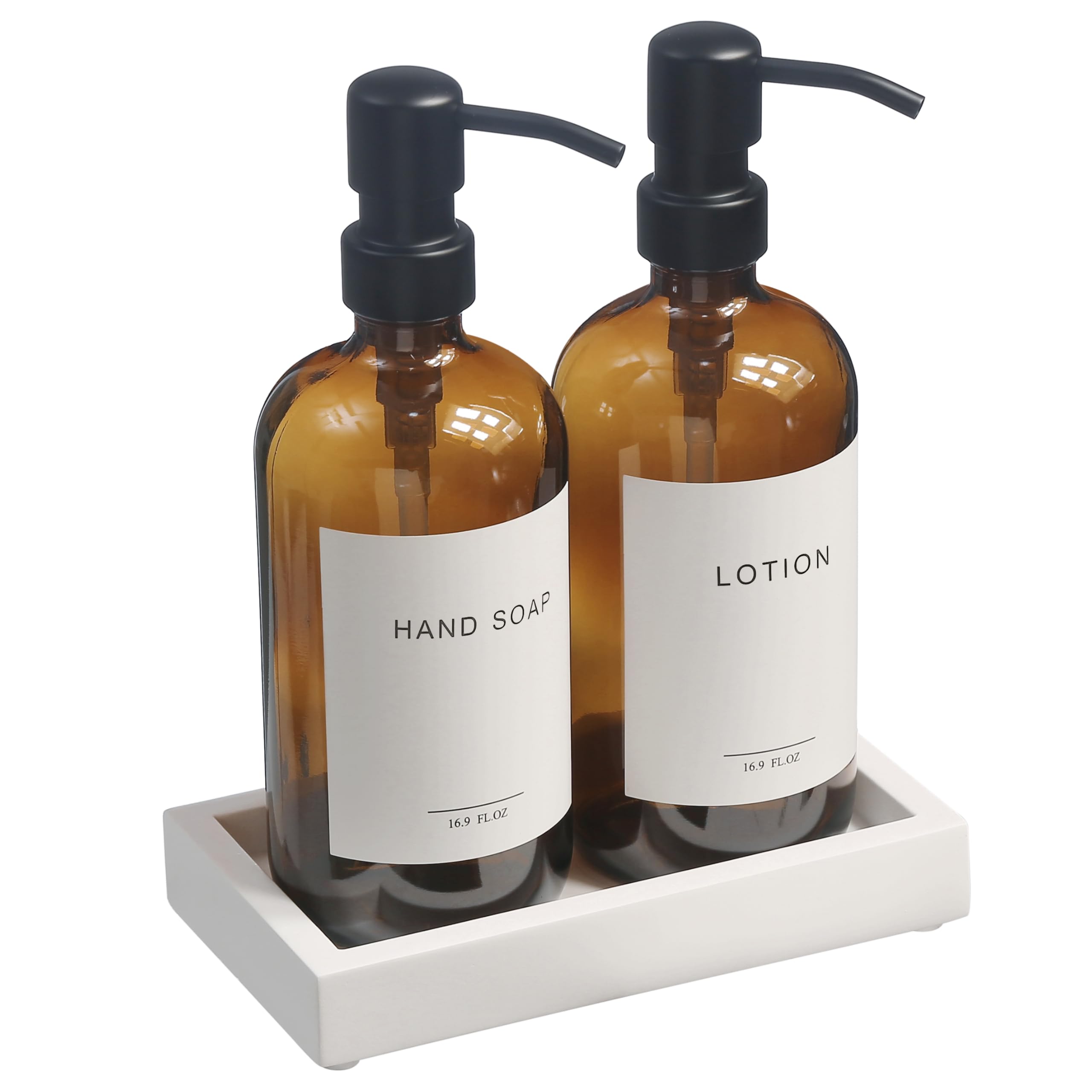 Glass Soap Dispenser with Pump and Concrete Tray | Vintage Soap Dispenser Bathroom and Kitchen Set with Dish Soap, Hand Soap, Lotion Waterproof Labels ((Amber Bottles/White Tary)) — image 1