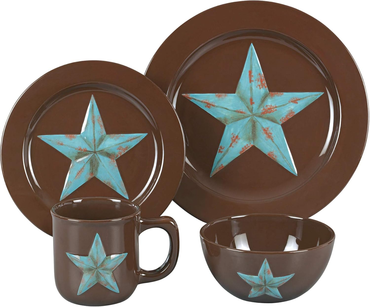 HiEnd Accents Western 16-PC Dinnerware Set, Star, Chocolate Brown, Distressed Turquoise