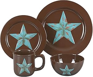 HiEnd Accents Western 16-PC Dinnerware Set, Star, Chocolate Brown, Distressed Turquoise