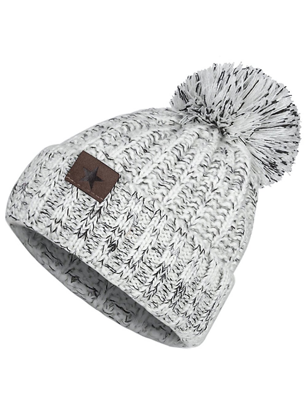 EVRFELAN Winter Fox Pompom Beanie Cable Knit Warm Hat Ribbed Ski Skull Cap (Grey)
