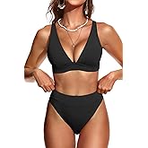 Yonique Thong Bikini Set High Waisted Two Piece Swimsuit High Cut Bikini V Neck Bathing Suit