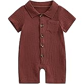 Honganda Summer Baby Boy Cotton Linen Jumpsuit Short Sleeve Button Down Playsuit Romper One Piece Outfit 0-24M