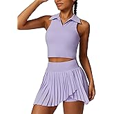2 Piece Tennis Dress for Women Pleated Tennis Skirt Sleeveless Racerback Padded Crop Top Golf Workout Outfits