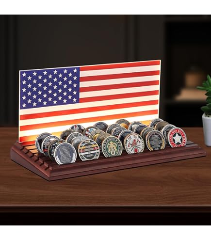 Wall Mount Challenge Coin Display - USA Flag Wood Rack For Military & First Responders