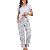 PNAEONG Womens Pajama Sets Cotton Lounge Sets for Women Short Sleeve Top With Pants 2 Piece pj sets With Pocket