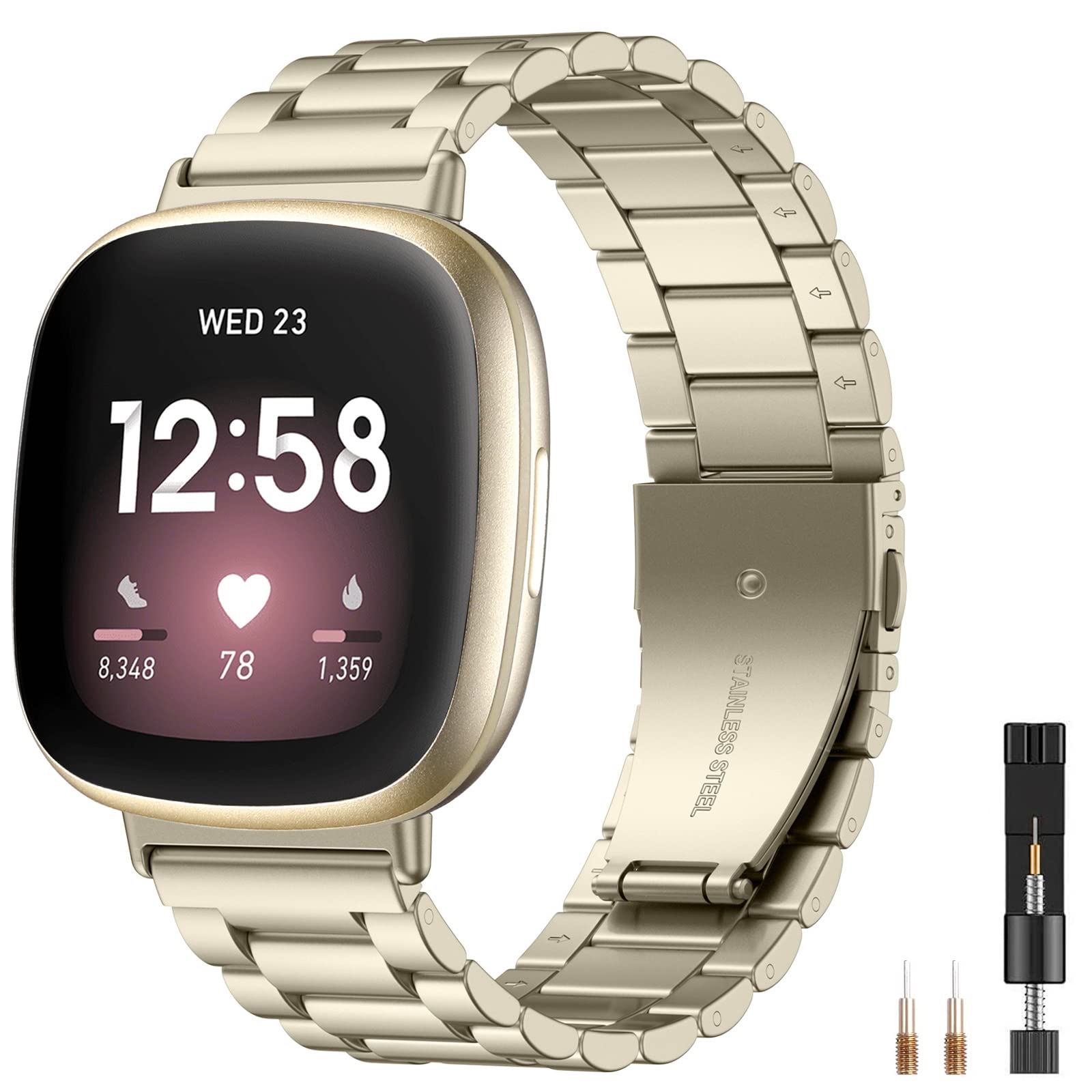 CeMiKa Strap Compatible with Fitbit Versa 3/Sense, Adjustable Stainless Steel Metal Replacement Strap with Double Folding Clasp, Men Women, Vintage Gold