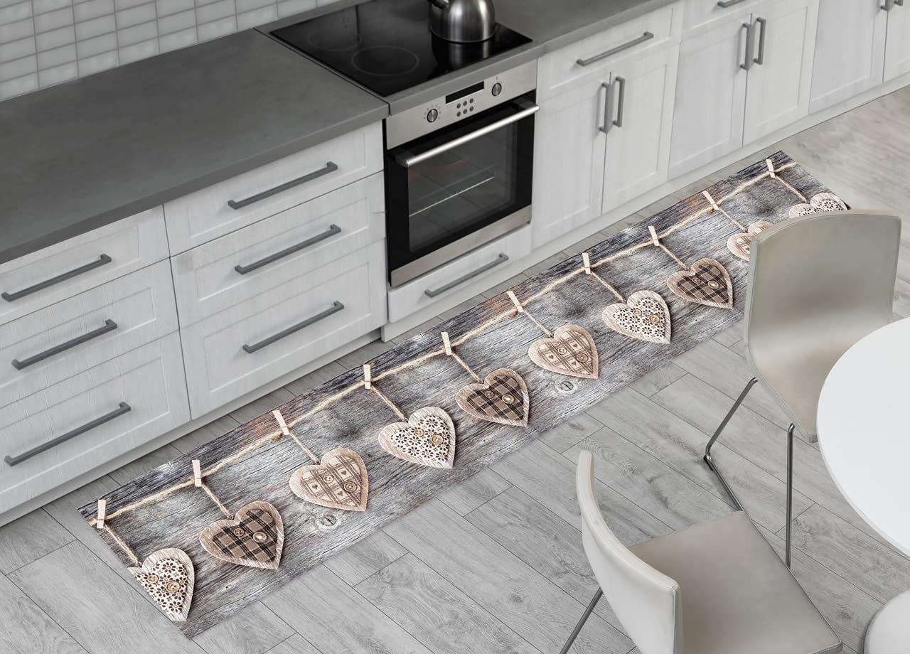 BIANCHERIAWEB Grey non-slip kitchen rug, kitchen runner measuring 50 x 115 cm, Made in Italy kitchen lane with digital printing Hearts, cut mat with non-slip fabric
