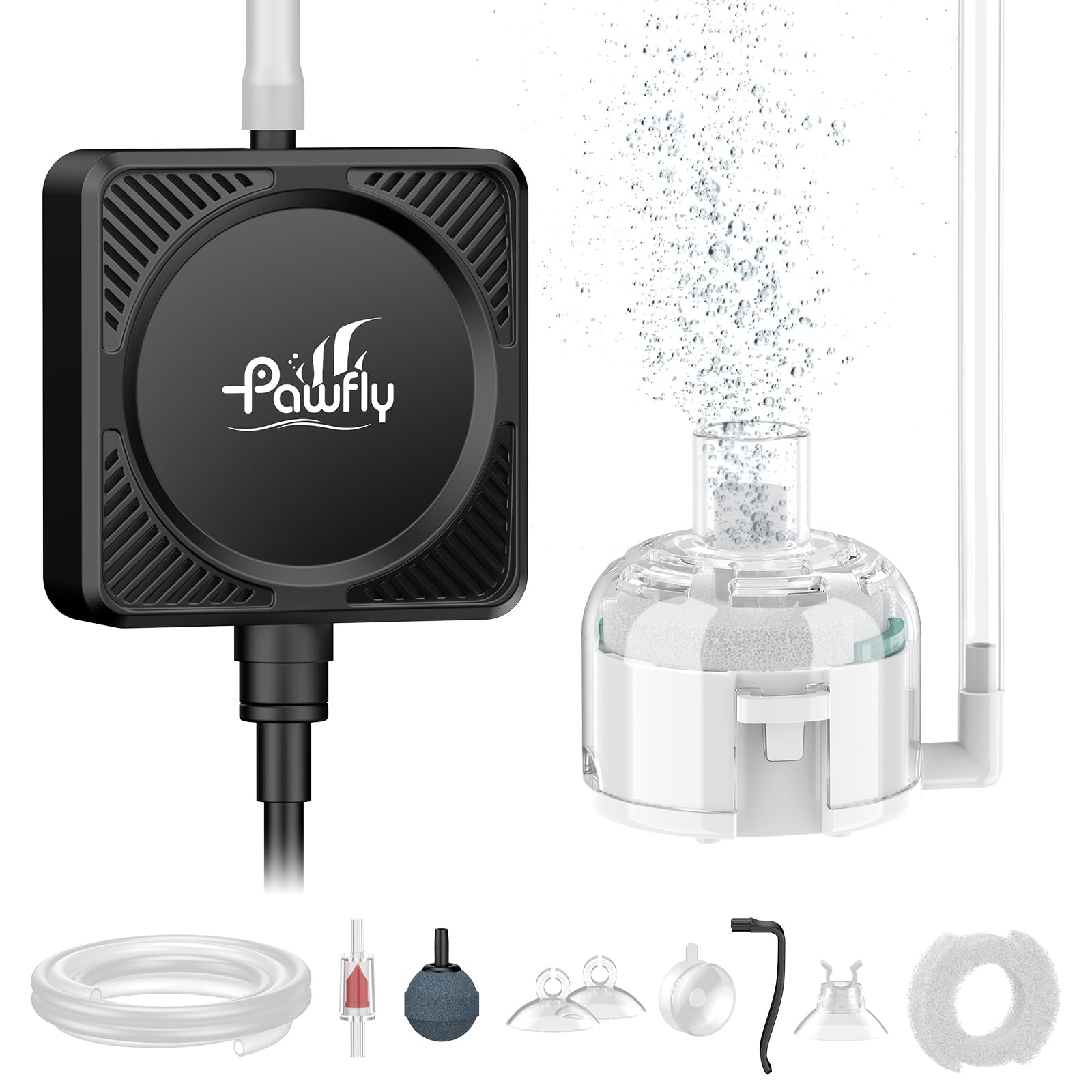 Photo 1 of Pawfly Nano Aquarium Air Pump, Ultra Quiet Mini Bubbler for 1-10 Gallon Fish Tank and Nano Aquariums, 1.3 W Portable Oxygen Aerator with Mini Sponge Filter, Air Hose, Airstone & Check Valve, 450 ml/m