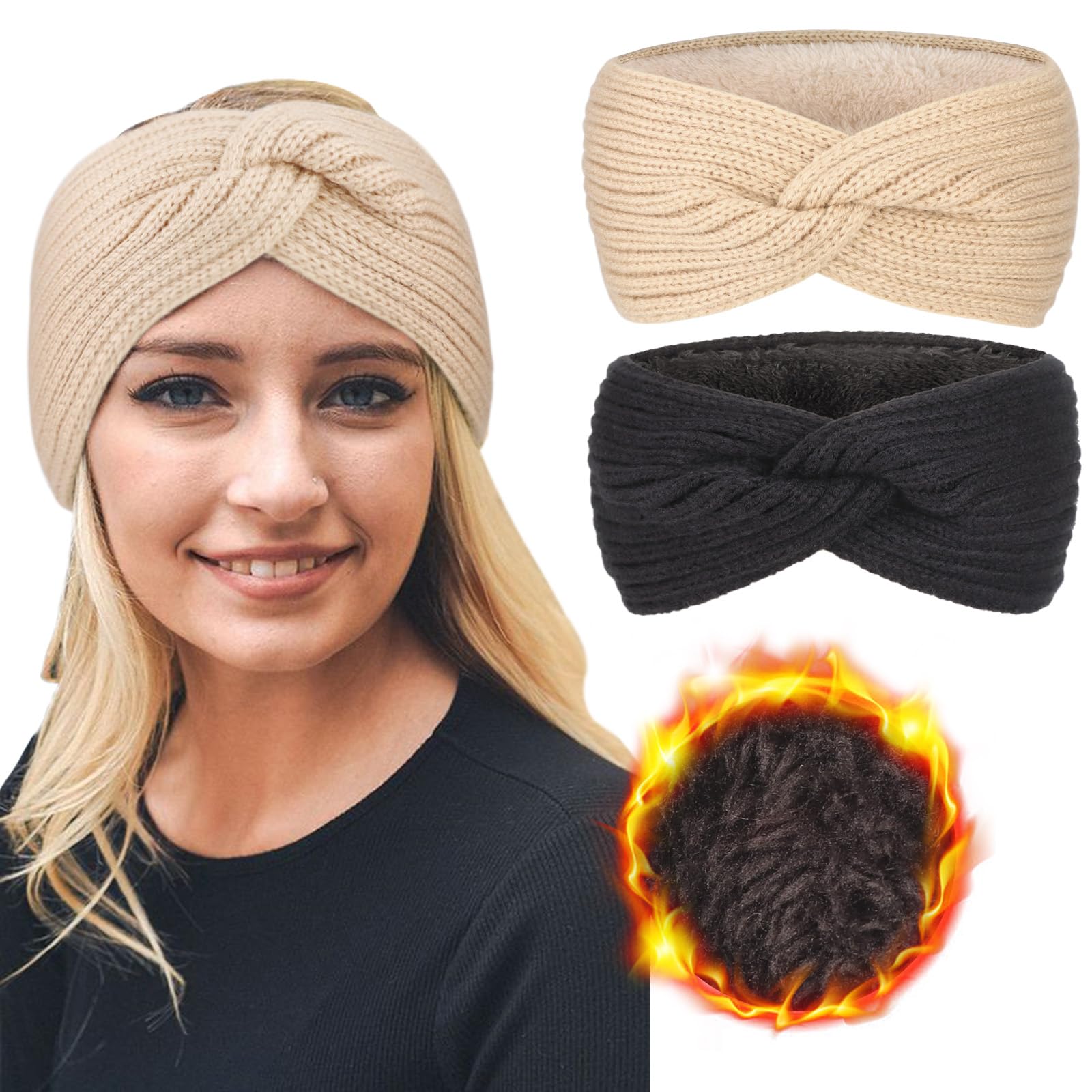 DRESHOW Women Warm Knitted Headband Winter Ear Warmer Crochet Head Wraps Thick Fleece Lining Hair Bands — image 1