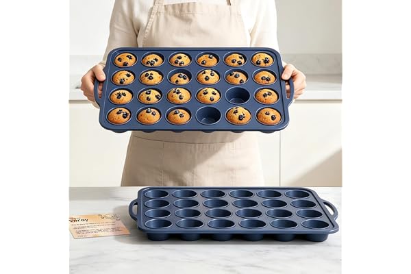 2 Pack Mini Silicone Muffin Pan with Metal Frame, Non Stick Silicone Cupcake Pan with Handles 24 Cup, BPA Free Silicon Muffin