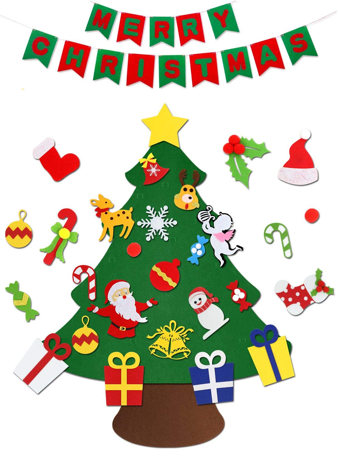 VDROL Felt Christmas Tree with Merry Christmas Banner Wall Hanging & 29Pcs DIY Friendly Detachable Hanging Xmas Ornaments Xmas Kids Gifts Christmas Decorations