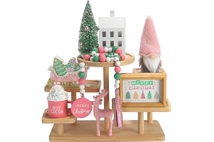 SYNCVIBE Pink Christmas Decorations 8 PCS Tiered Tray Decor Set, Cute Girlie Tabletop Christmas Decor for Home Shelf Mantel Fireplace Office Desk Coffee Bar Pastel Xmas Holiday Table Centerpieces Tray Objects
