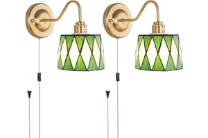 Shenmoyl Plug in Wall Sconces Set of 2, Vintage Wall Lamps with Green Checker Sconce, Stained Glass Shade Gold Lights Fixture Decor for Bedroom Bathroom Living Room Hallway