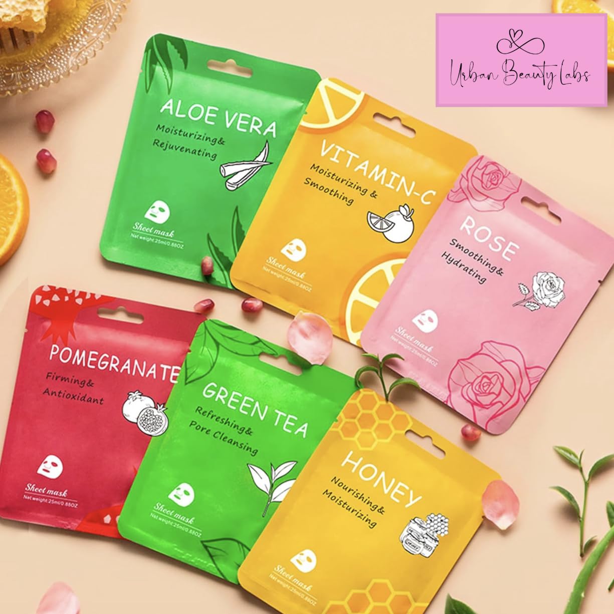Hydrating Facial Sheet Mask Set – 18 Pack for Dry, Oily, Combination & Sensitive Skin – Aloe Vera, Vitamin C, Rose, Green Tea, Honey & Pomegranate – Moisturising, Soothing, Brightening
